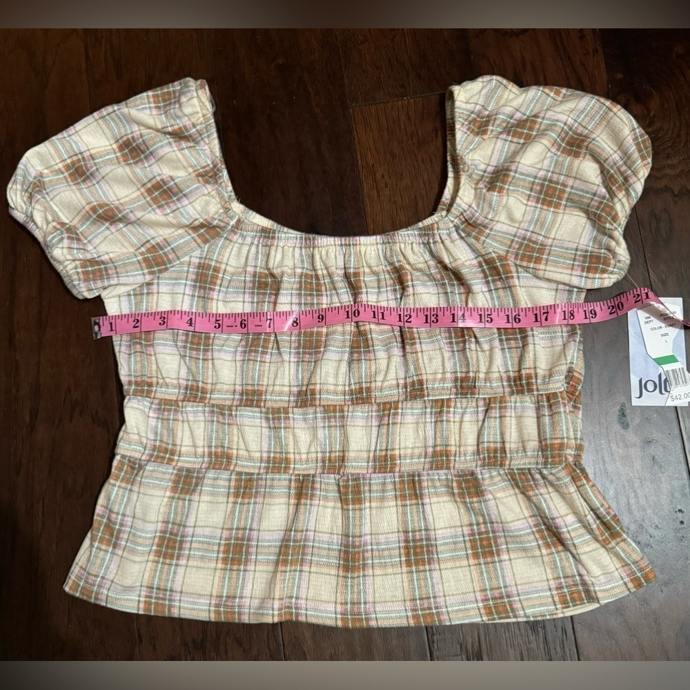 JOLT Women’s Plaid Print Short Puff Sleeve Flutter Top Size Large NWT - Picture 5 of 11